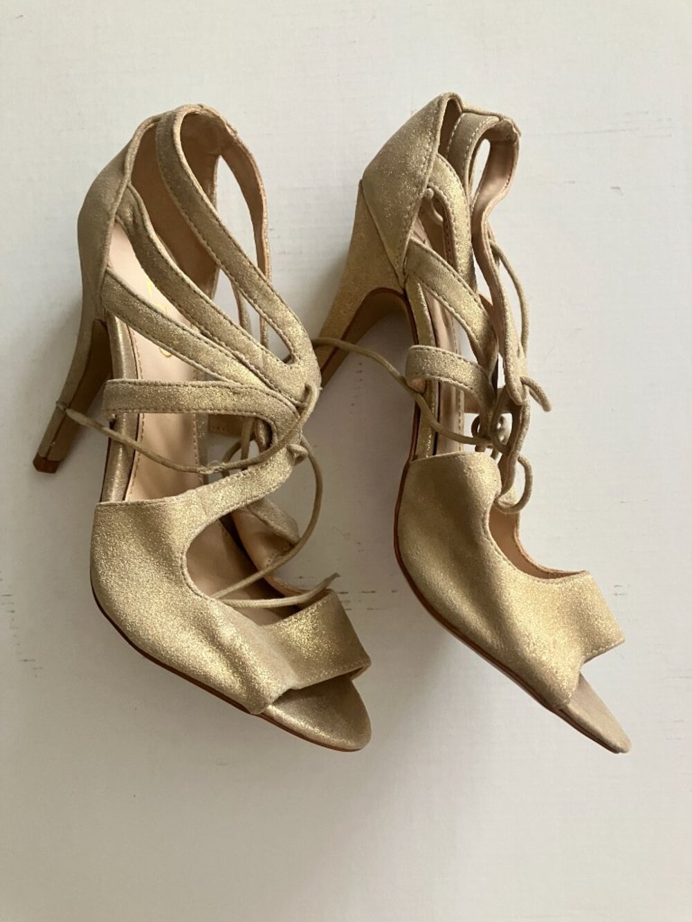 Firm Aldo Lace Up Open Stilettos Size 7 Gold Leather Upper - Picture 5 of 9